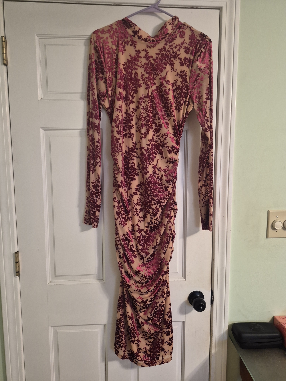 Long Sleeve Velvet Burnout Maxi Dress in Beige and Magenta